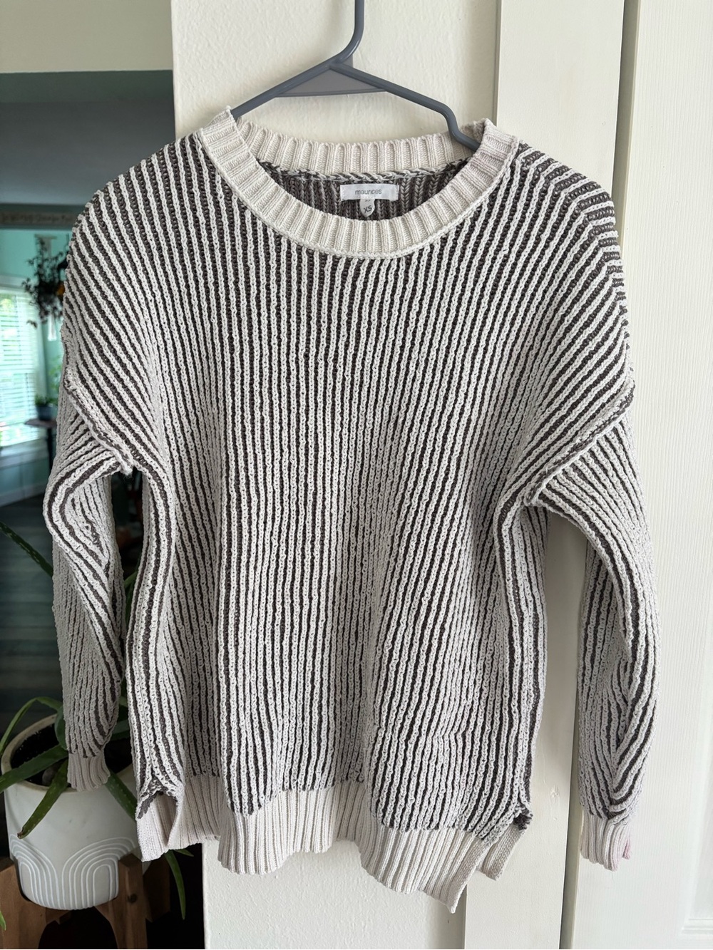 Maurices Black and Cream Ribbed Stripe Crewneck Sweater